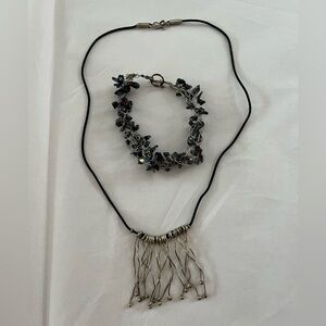 Handcrafted Silver Tone and Black Fringe Necklace and Crazy Bracelet Set